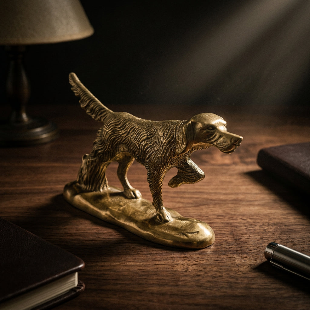 Three-quarter view of the brass pointer dog paperweight with raised tail