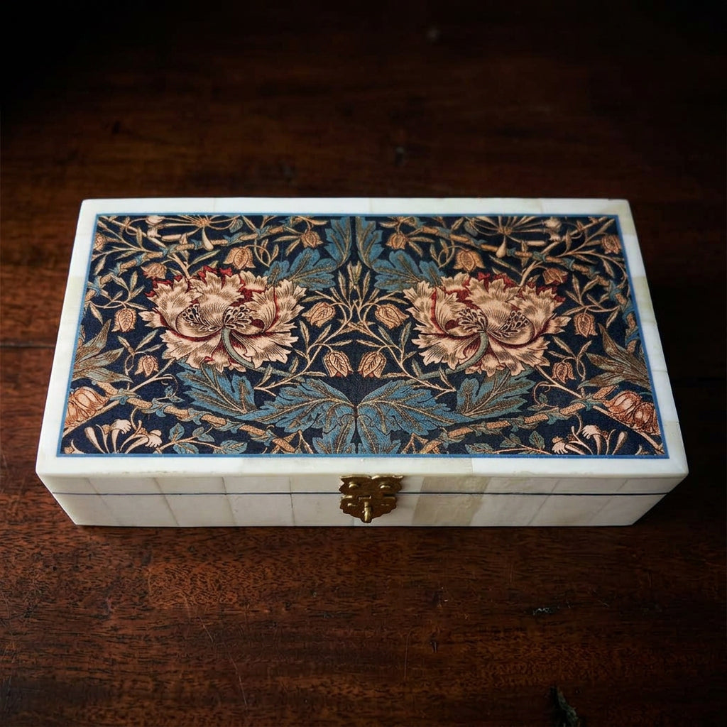 William Morris Honeysuckle & Corncockle bone-inlay keepsake box, closed, with floral lid and brass clasp