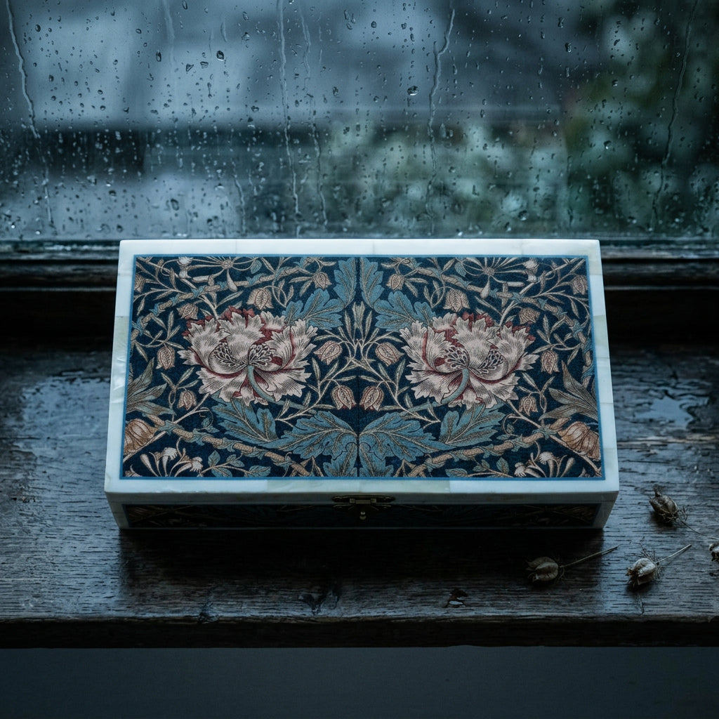 Overhead view of the William Morris floral pattern on the keepsake box lid