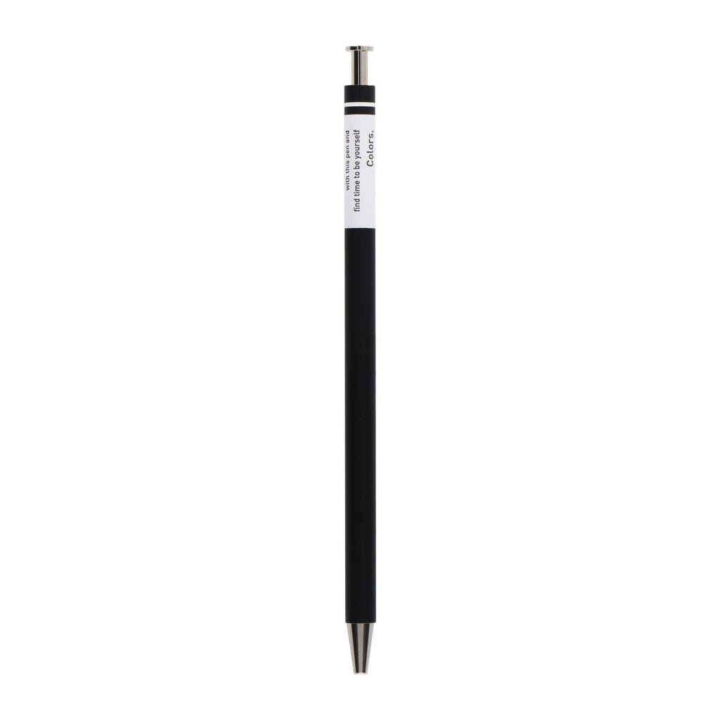 MARK’S COLORS black gel pen on a white background, showing its slim wooden barrel, white printed panel, and silver-colored details.