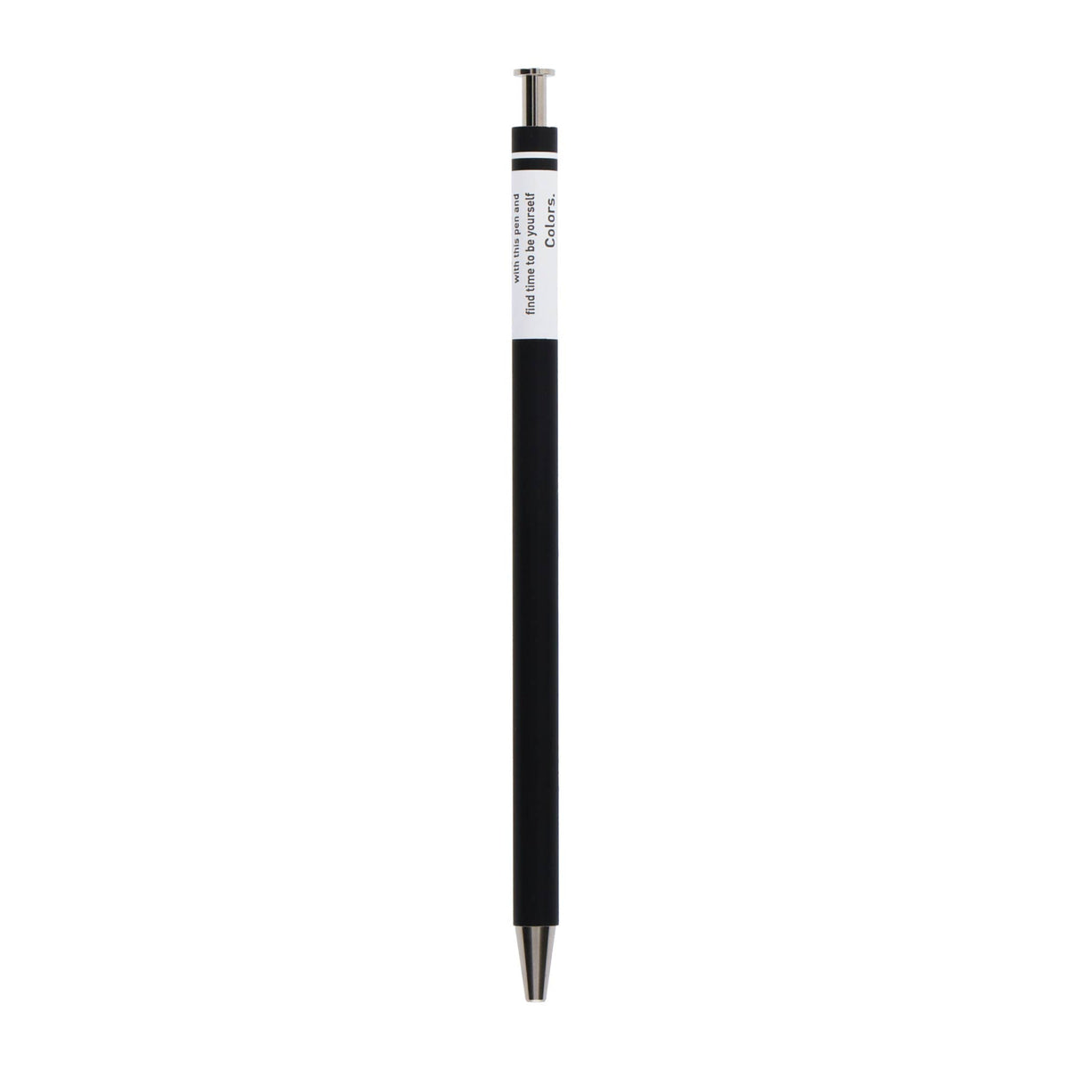 MARK’S COLORS black gel pen on a white background, showing its slim wooden barrel, white printed panel, and silver-colored details.