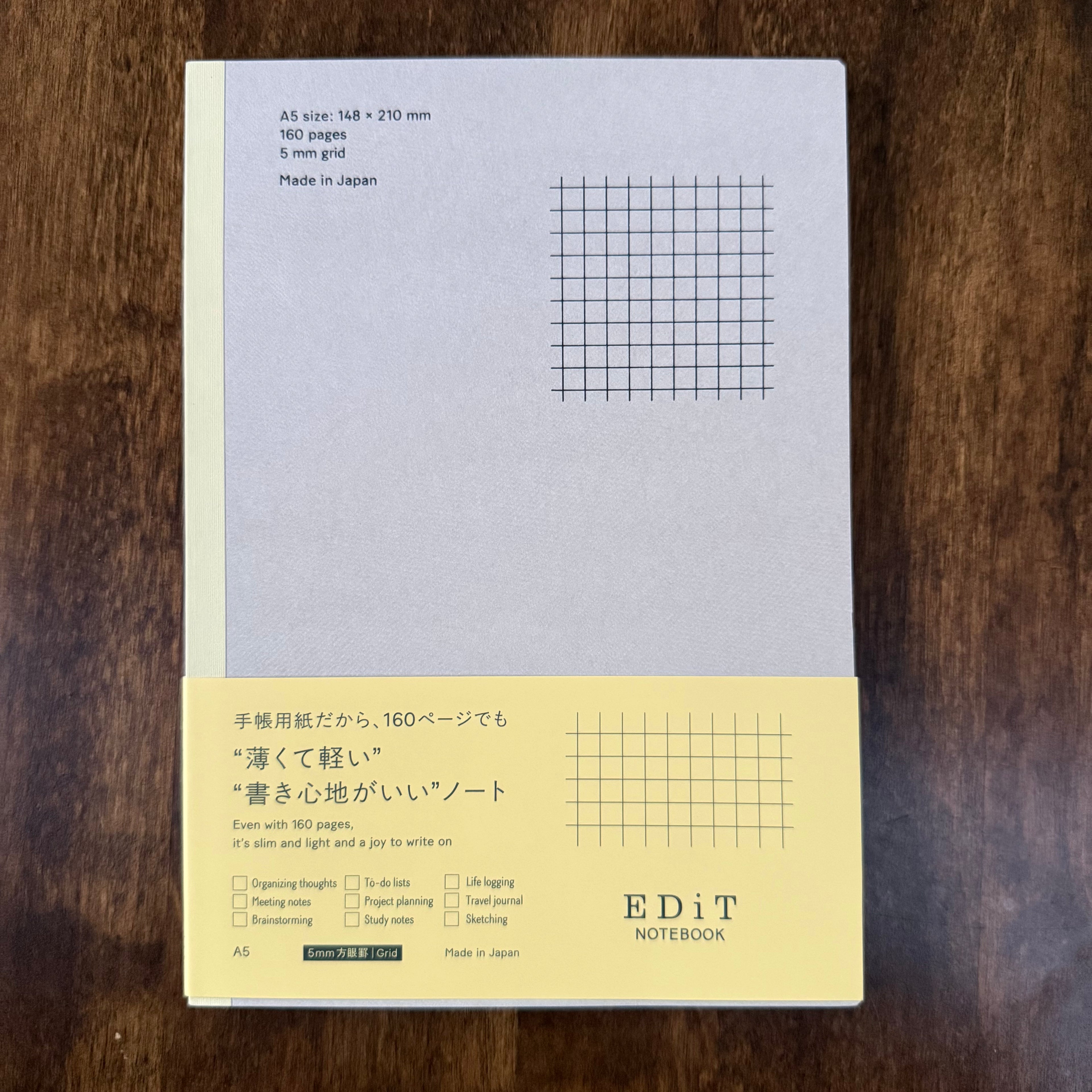 MARK’S EDiT A5 lightweight notebook with a pale gray cover, light yellow spine, and yellow paper band identifying its 160 pages and 5 mm grid.