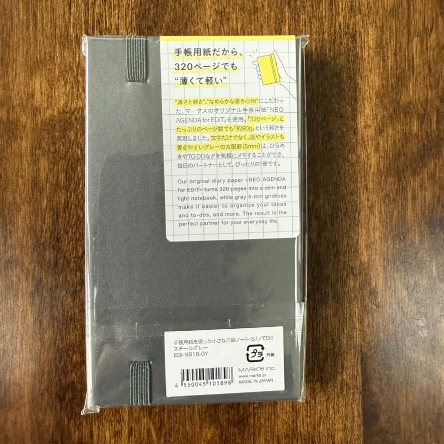 Back of the Steel Gray MARK'S EDiT B7 notebook packaging, showing paper information, elastic attachments, and made-in-Japan label