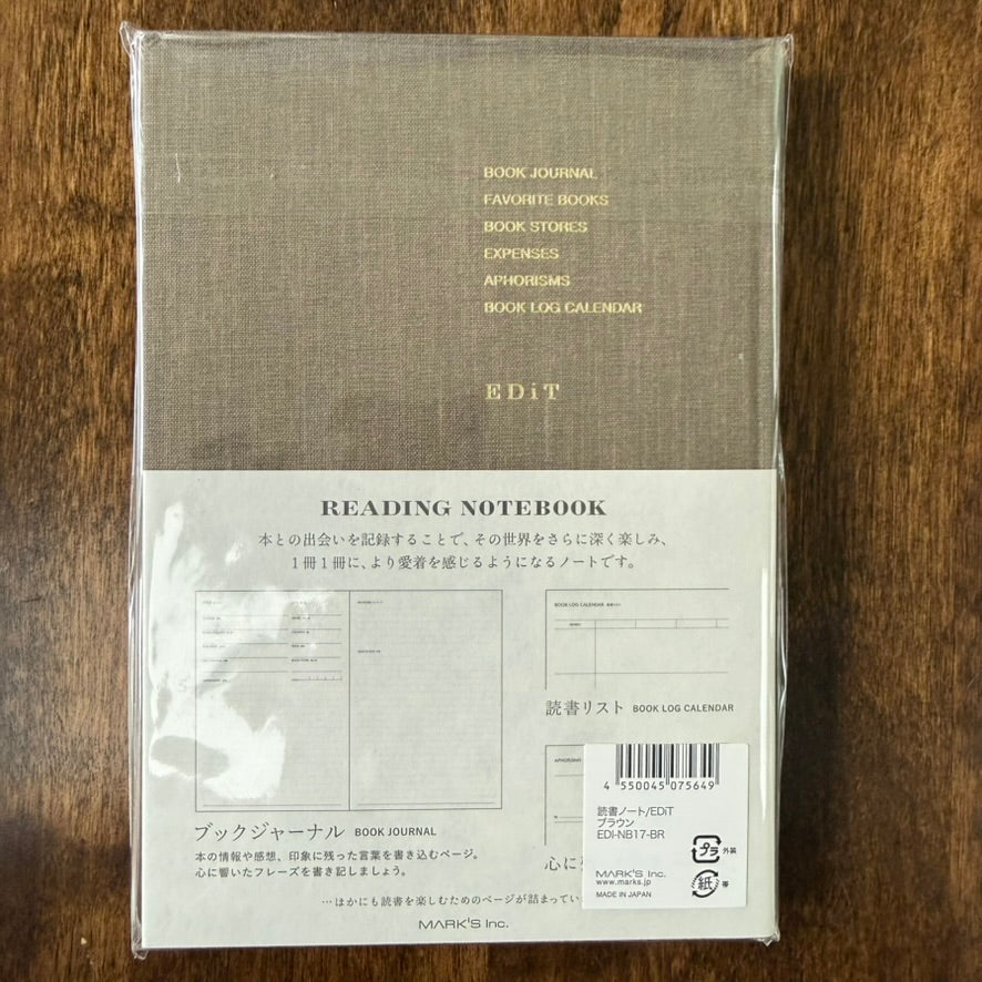 Back packaging of the brown MARK'S EDiT Reading Journal, showing gold section names and sample interior layouts