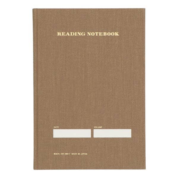 Brown cloth cover of the MARK'S EDiT Reading Journal with gold Reading Notebook lettering and blank Date and Volume labels