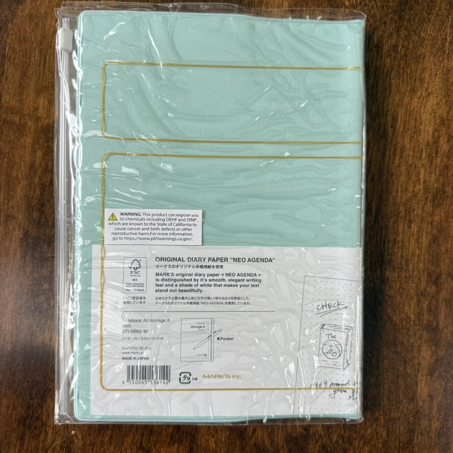 Back of the mint MARK'S Storage.it A5 notebook packaging, showing the NEO AGENDA paper label and slide-zip cover
