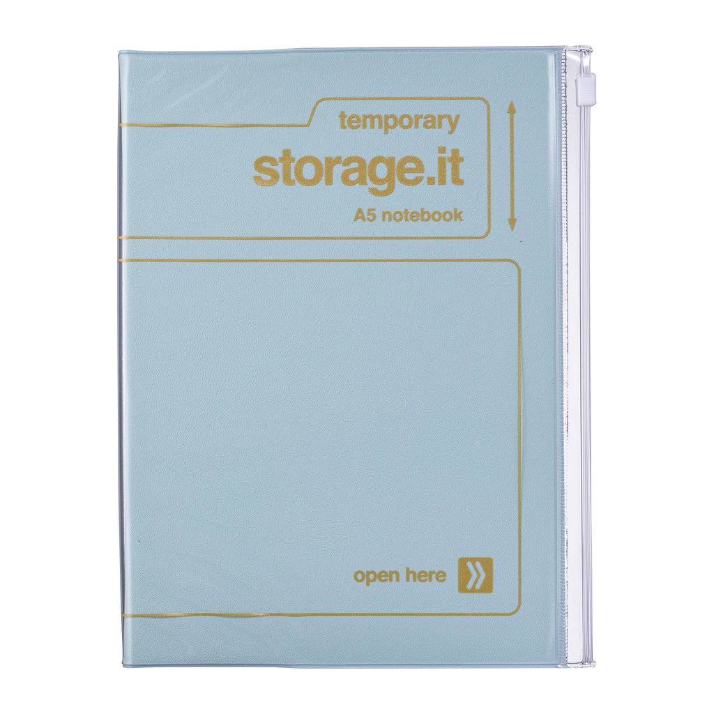 Mint MARK'S Storage.it A5 refillable notebook with mustard-yellow cover lettering and a clear side zipper for the storage pocket