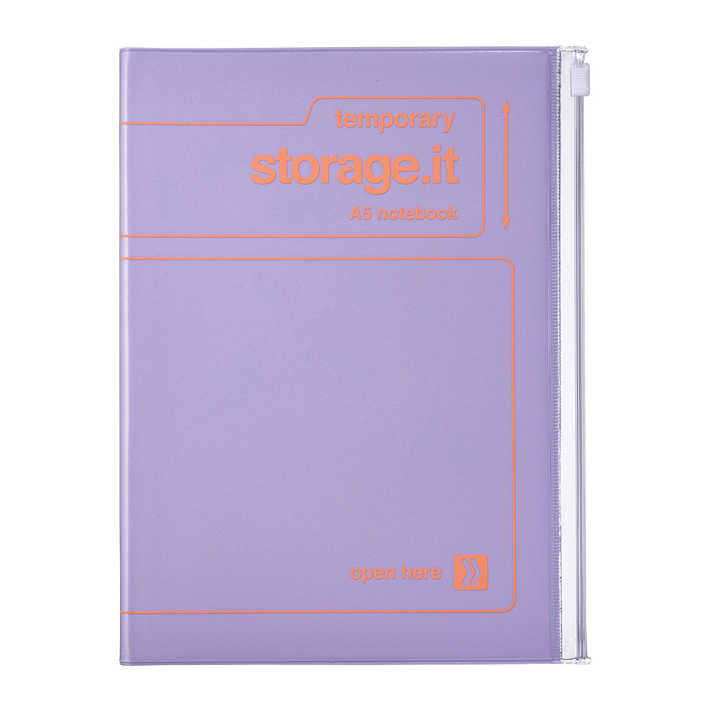 Purple MARK'S Storage.it A5 refillable notebook with orange cover lettering and a clear side zipper for the storage pocket
