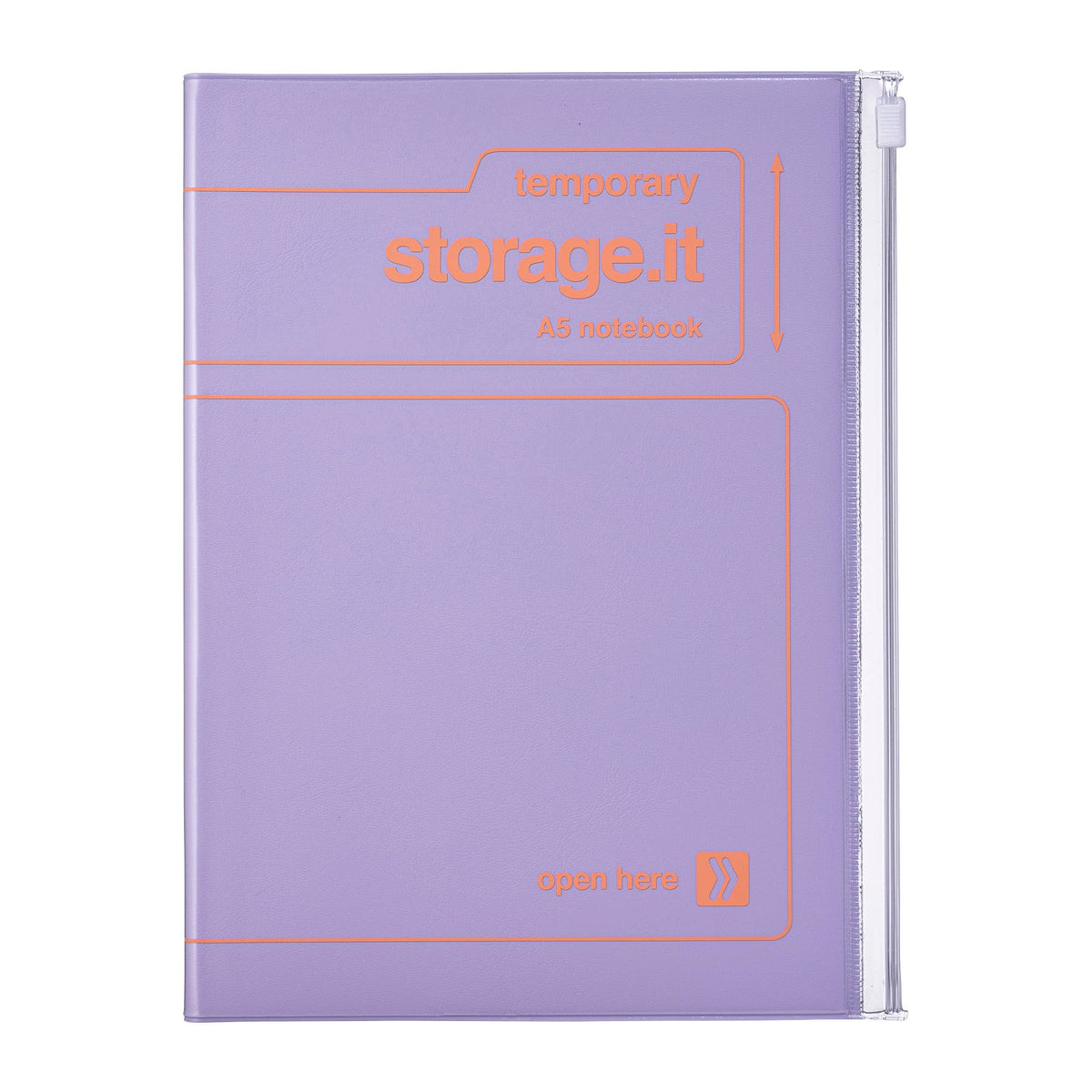 Purple MARK'S Storage.it A5 refillable notebook with orange cover lettering and a clear side zipper for the storage pocket
