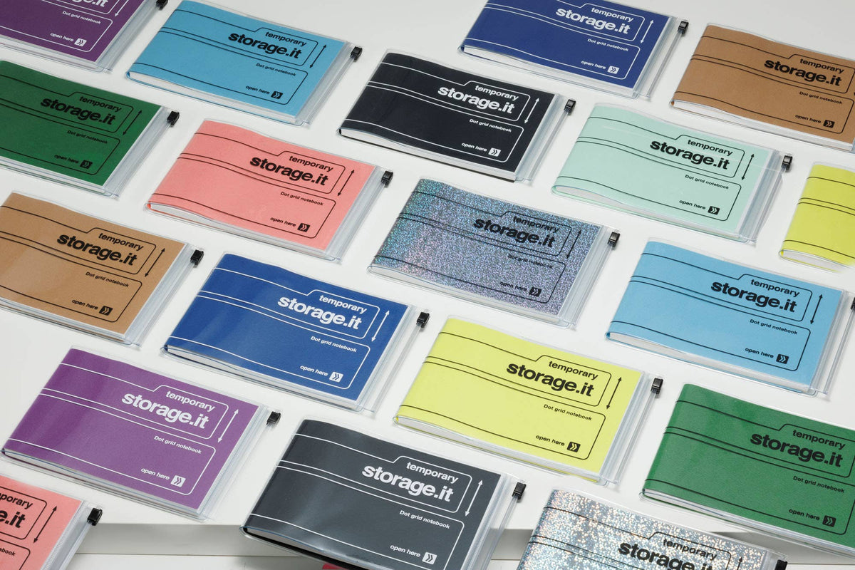 MARK'S Storage.it Desk notebooks in assorted colors with clear slide-zip covers, illustrating the notebook range for this refill