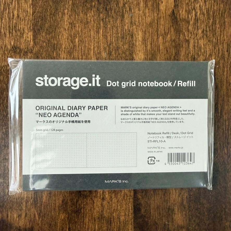 MARK'S Storage.it Desk Dot Grid Refill in retail packaging, showing NEO AGENDA paper information and a dot-grid page diagram