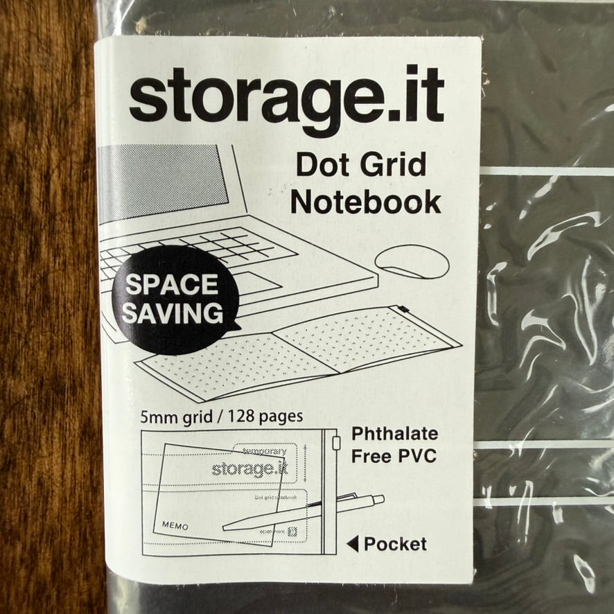 MARK'S Storage.it Desk notebook packaging showing its space-saving format, 5 mm dot grid, 128 pages, and phthalate-free PVC storage pocket