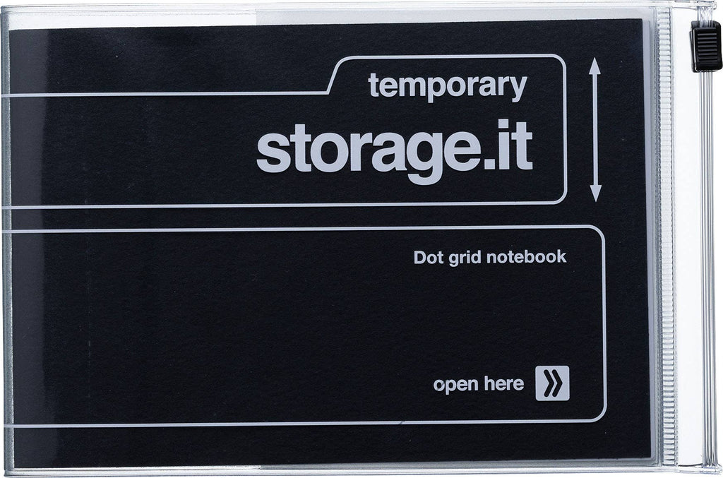 Black MARK'S Storage.it Desk Dot Grid Notebook with white lettering, clear storage cover, and black zipper slider