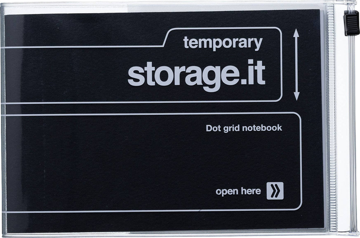 Black MARK'S Storage.it Desk Dot Grid Notebook with white lettering, clear storage cover, and black zipper slider