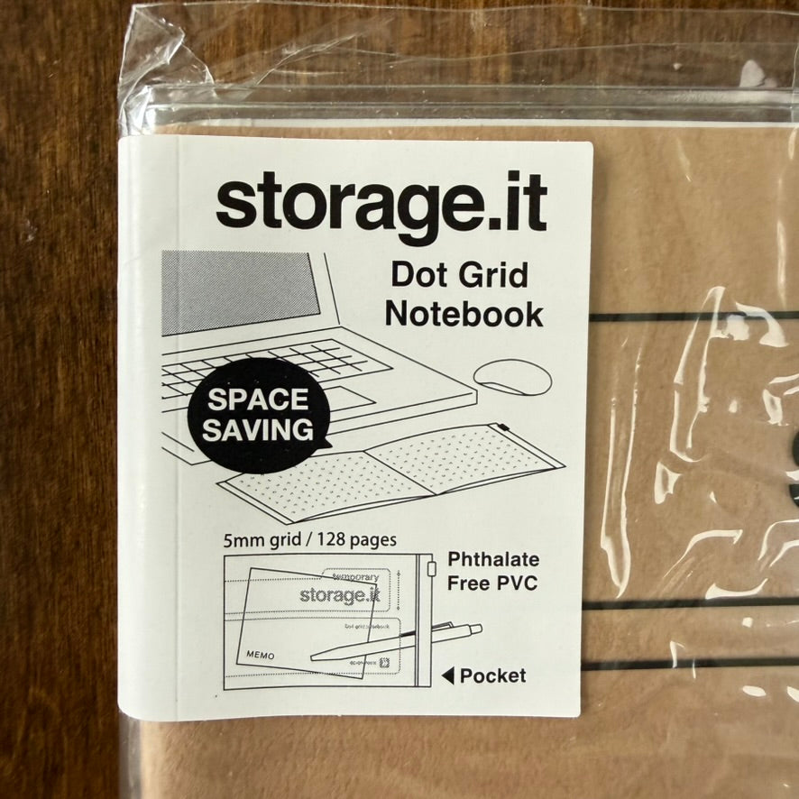 Craft MARK'S Storage.it Desk notebook packaging detail showing its compact format, 5 mm dot grid, 128 pages, and phthalate-free PVC pocket