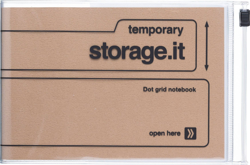 Craft MARK'S Storage.it Desk Dot Grid Notebook with a tan cover, black lettering, clear storage cover, and black zipper slider