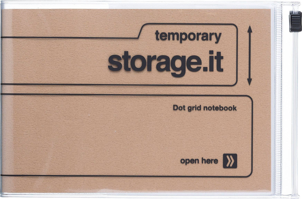 Craft MARK'S Storage.it Desk Dot Grid Notebook with a tan cover, black lettering, clear storage cover, and black zipper slider
