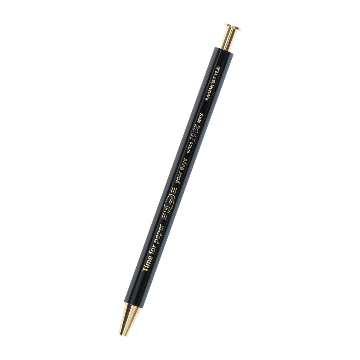 MARK’S Time for Paper black gel pen on a white background, showing the printed barrel and gold-colored tip and push button.