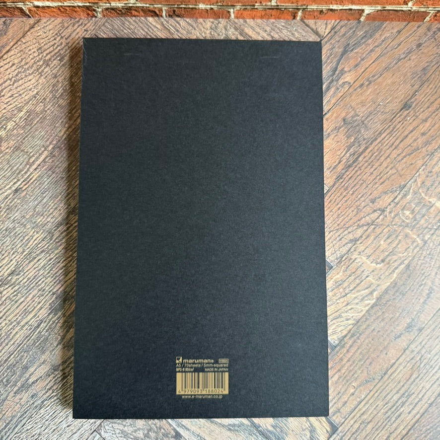 Back cover of the Maruman Mnemosyne A5 notepad: 70 sheets, 5 mm squared, 80 gsm, made in Japan