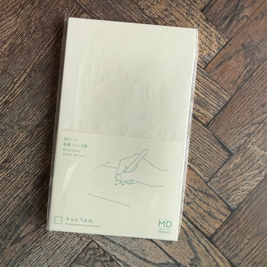 Midori MD B6 Slim dot grid notebook in its glassine wrapper and cream paper band