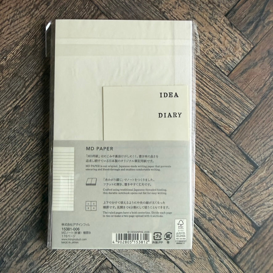 Back of the Midori MD B6 Slim lined notebook band describing MD Paper, threaded binding and ruled pages with a bold centerline, made in Japan