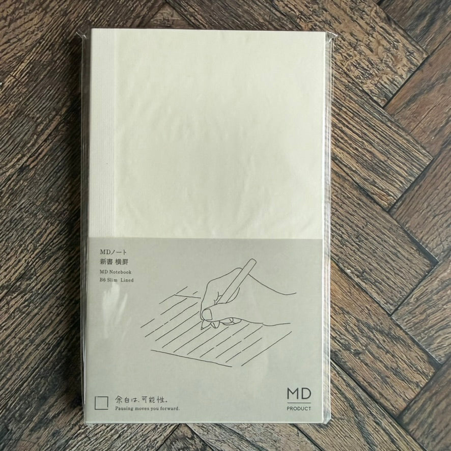 Midori MD B6 Slim lined notebook in its glassine wrapper and grey paper band