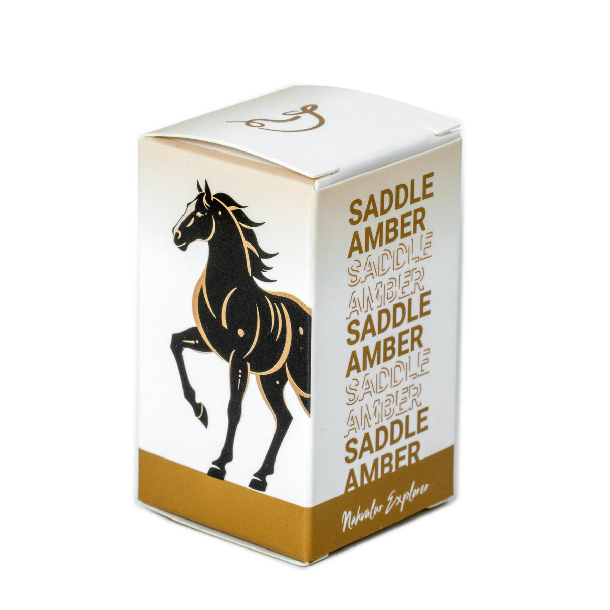 Nahvalur Explorer Saddle Amber ink box with a black horse illustration, amber lettering, and a gold-colored band on a white background.