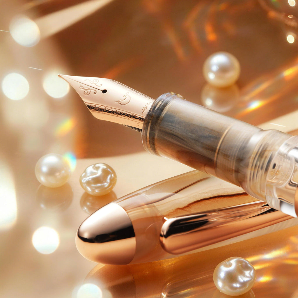 Rose gold Nahvalur nib and pearlescent grip of the Horizon Pearl resting on its cap