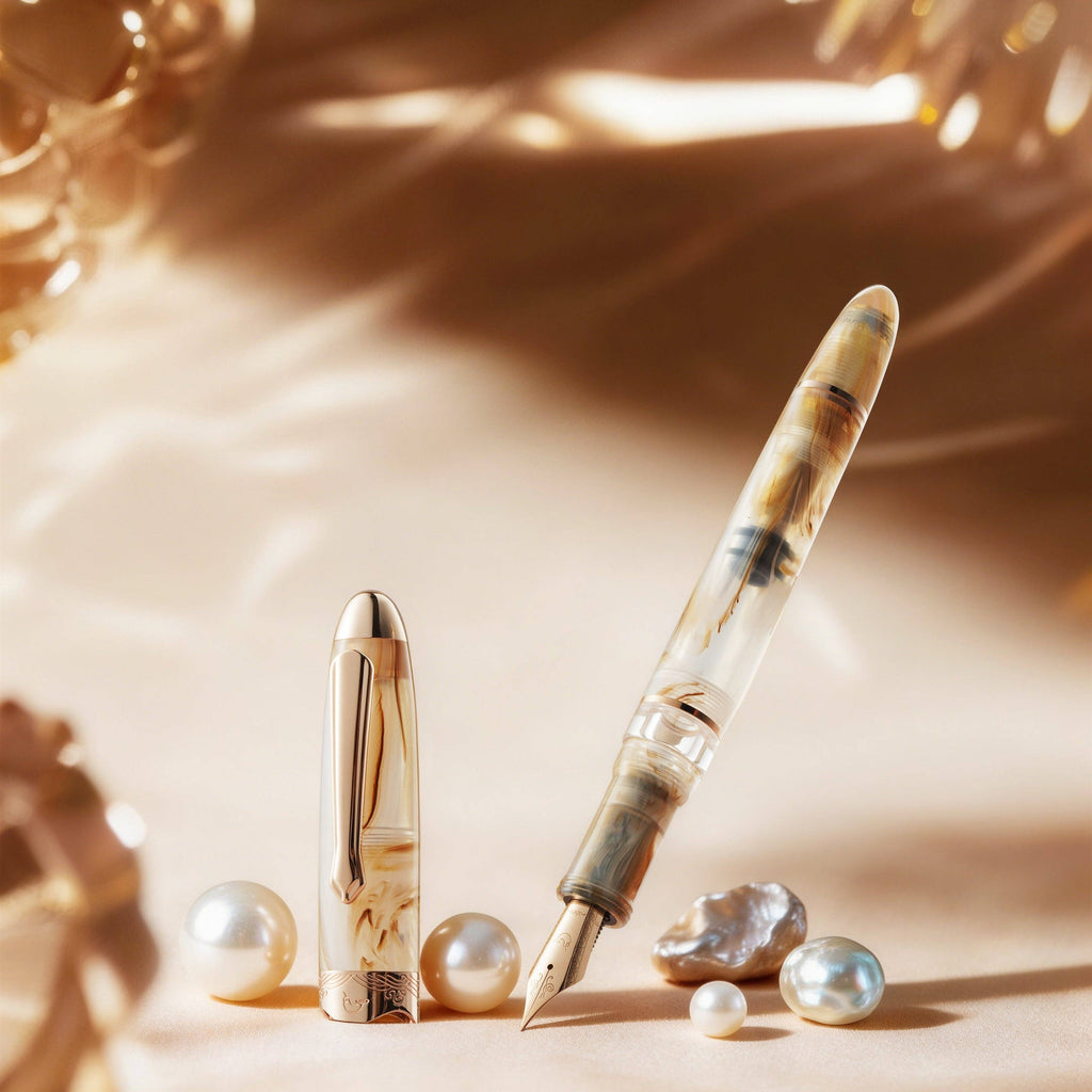 Nahvalur Horizon Pearl fountain pen uncapped beside its cap, with pearls on a cream background