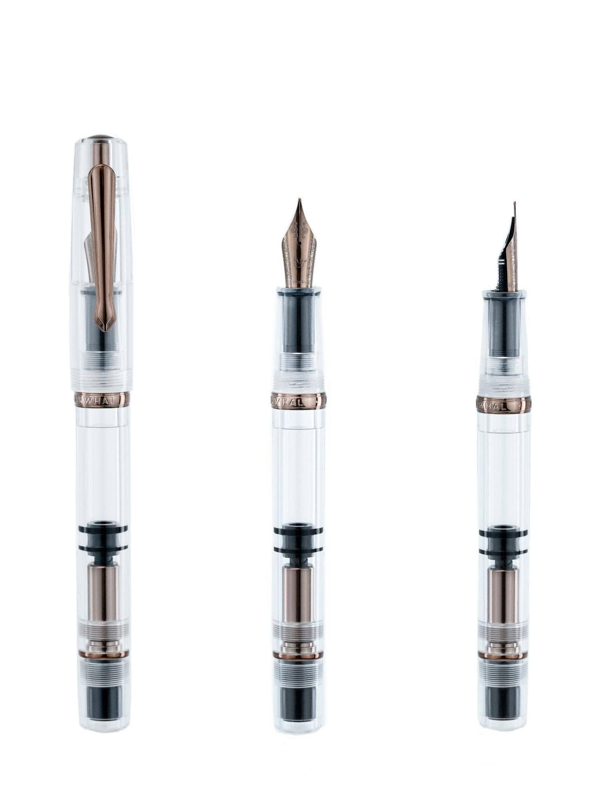 Nahvalur Original Fall clear demonstrator fountain pen shown capped and uncapped with its steel nib and piston