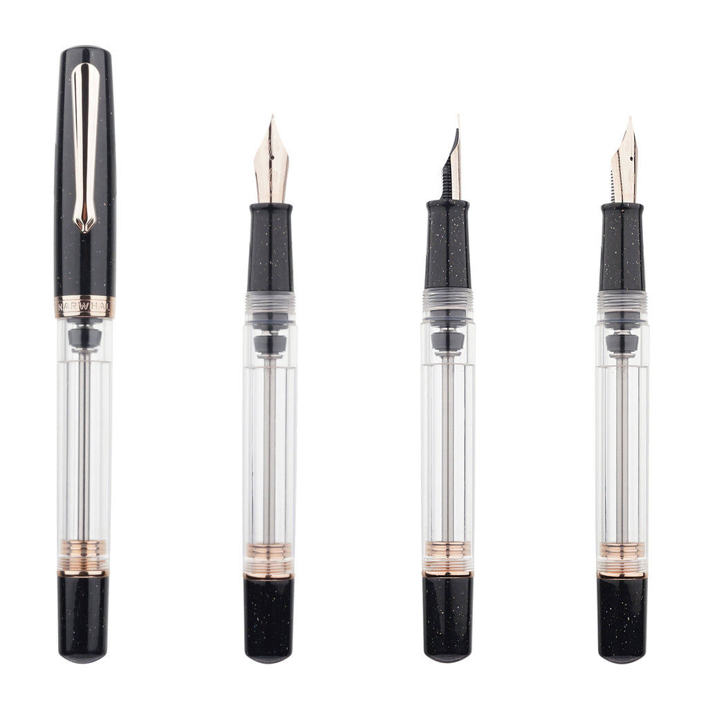 Nahvalur Original Plus Lovina Graphite shown capped and with three different nib options