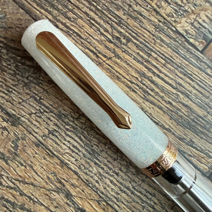 Shimmering white Matira Quartz cap with rose gold clip and engraved cap band