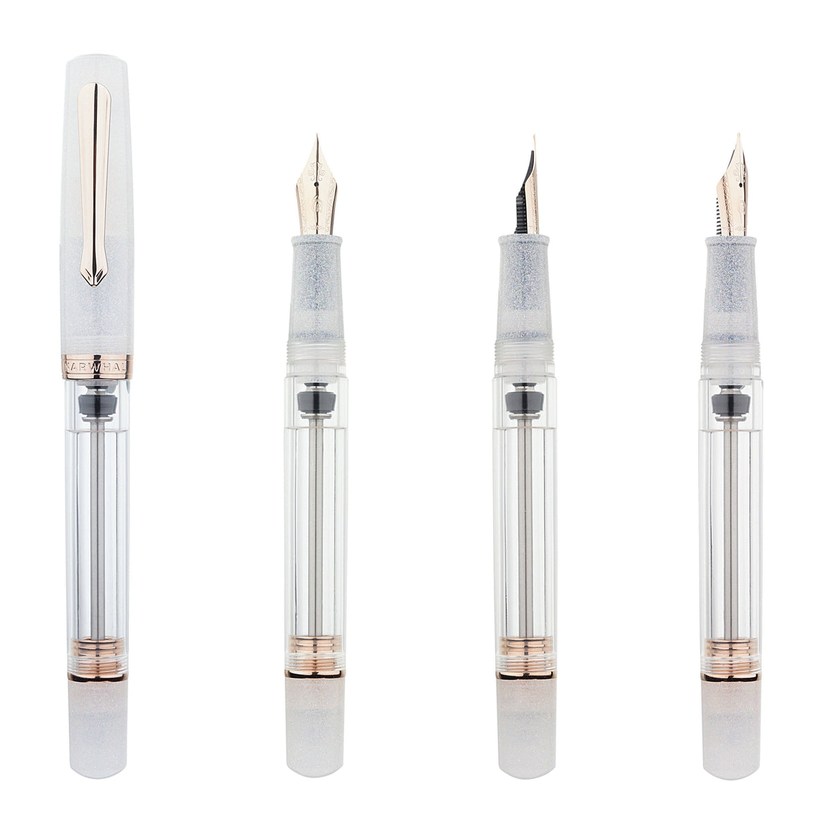 Nahvalur Original Plus Matira Quartz shown capped and with three different nib options