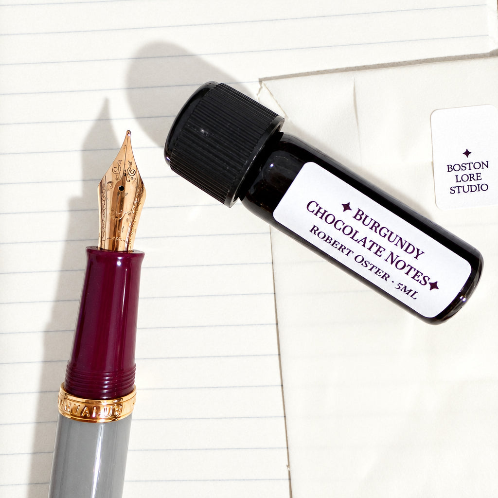 Close-up of the Nahvalur Original Violet Ash nib and violet section beside a 5 mL vial of Robert Oster Burgundy Chocolate Notes