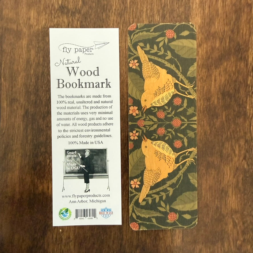 Bird and botanical natural wood bookmark with product card