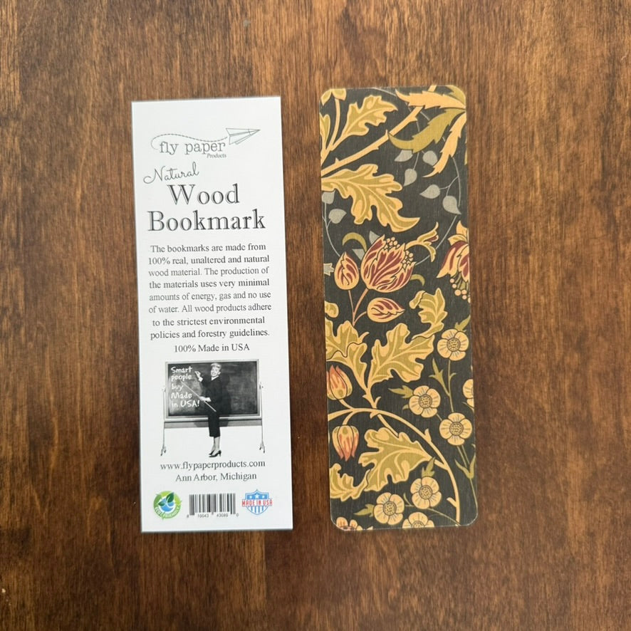 Dark floral natural wood bookmark with botanical pattern and product card