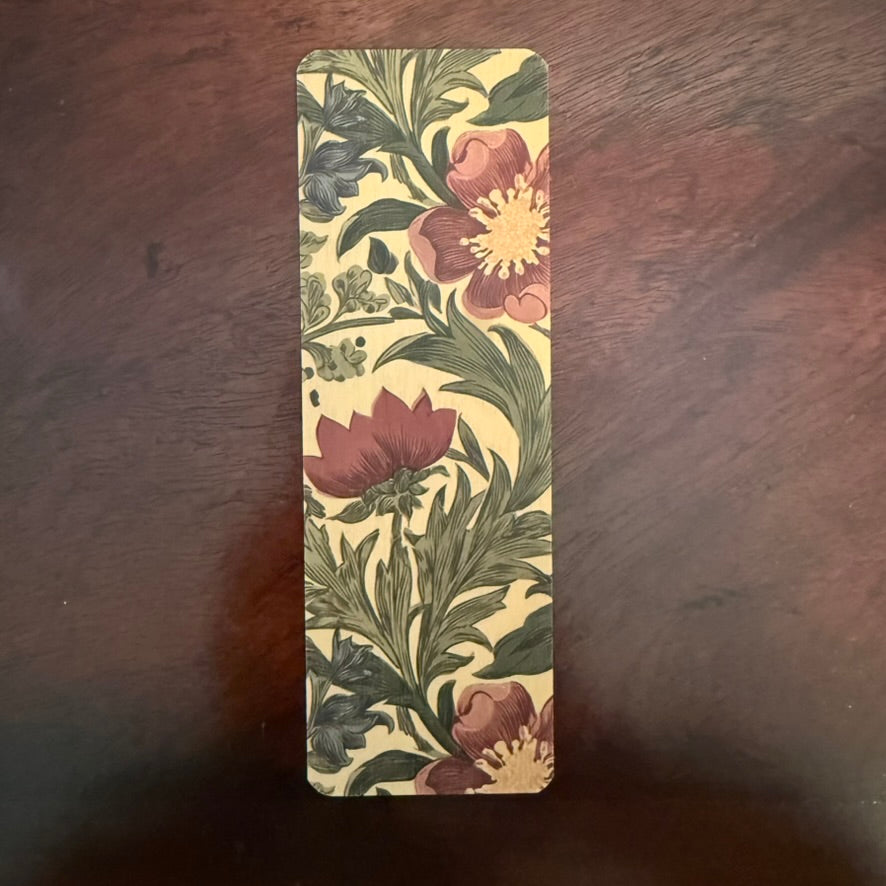 Floral natural wood bookmark with vintage botanical flower design