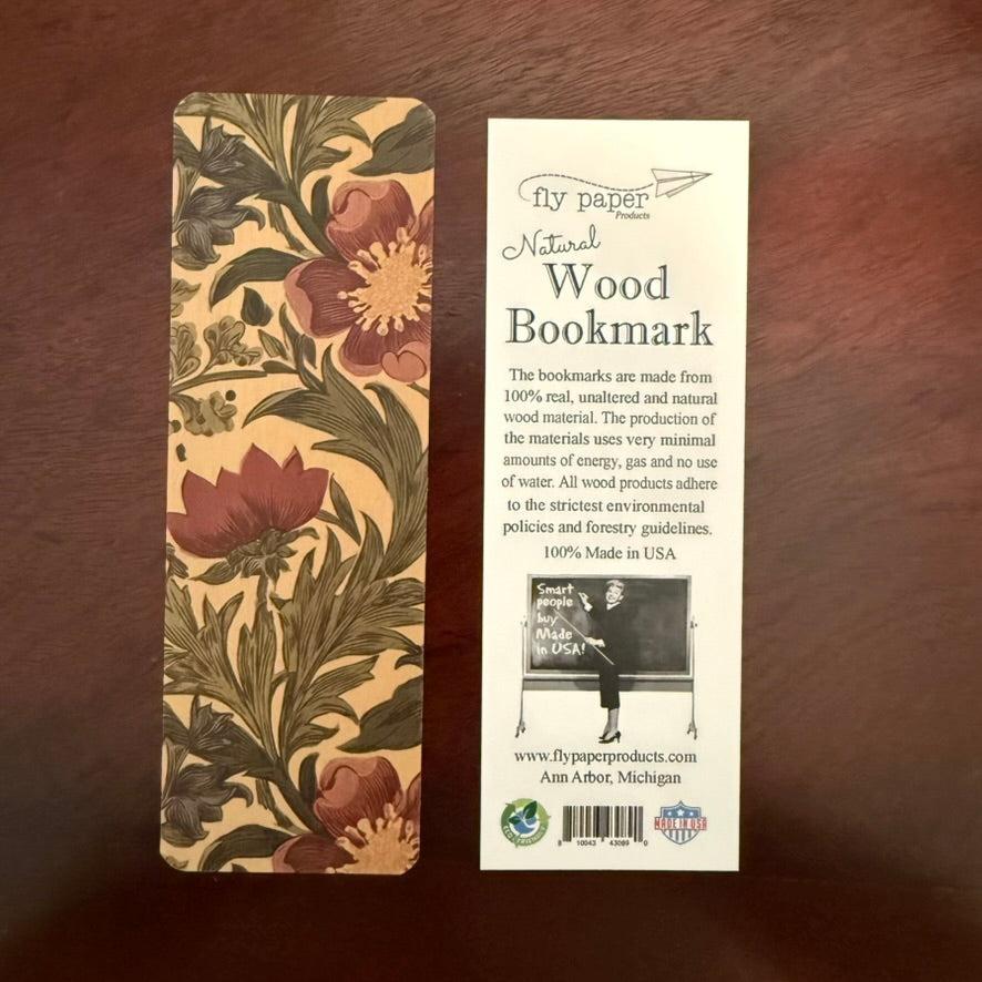Floral natural wood bookmark with botanical flowers and product card
