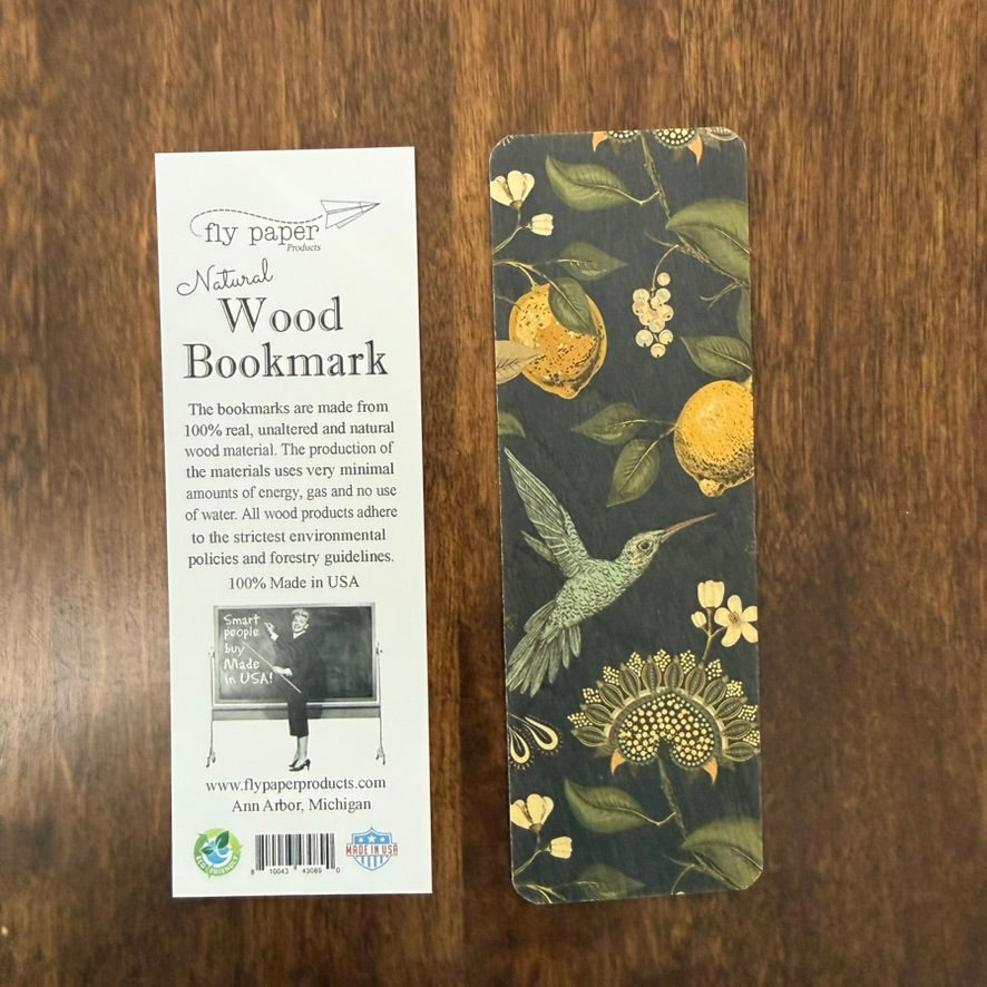 Hummingbird and lemon natural wood bookmark with product card