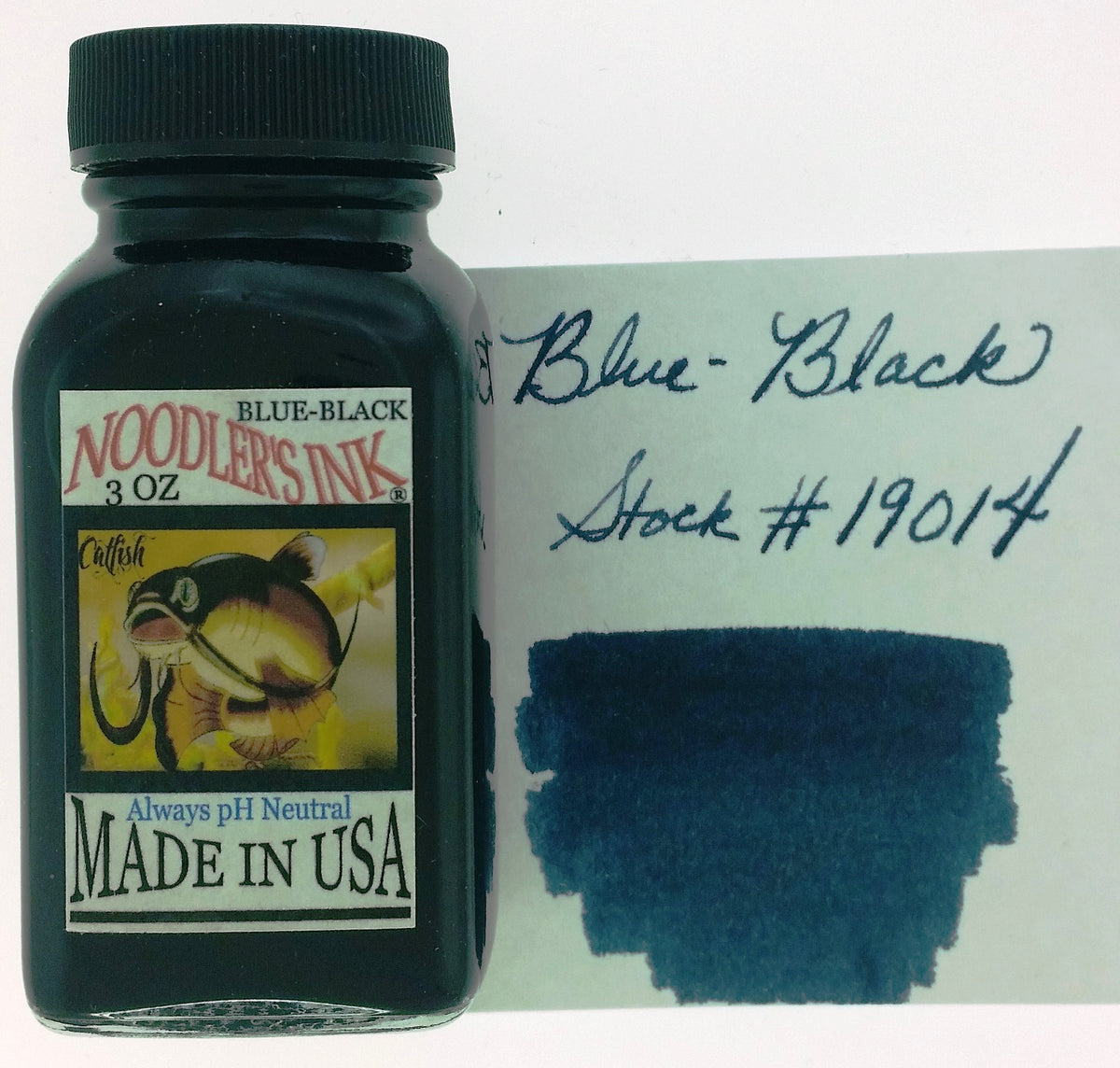 Noodler’s Blue-Black 3 oz fountain pen ink bottle with ink swatch