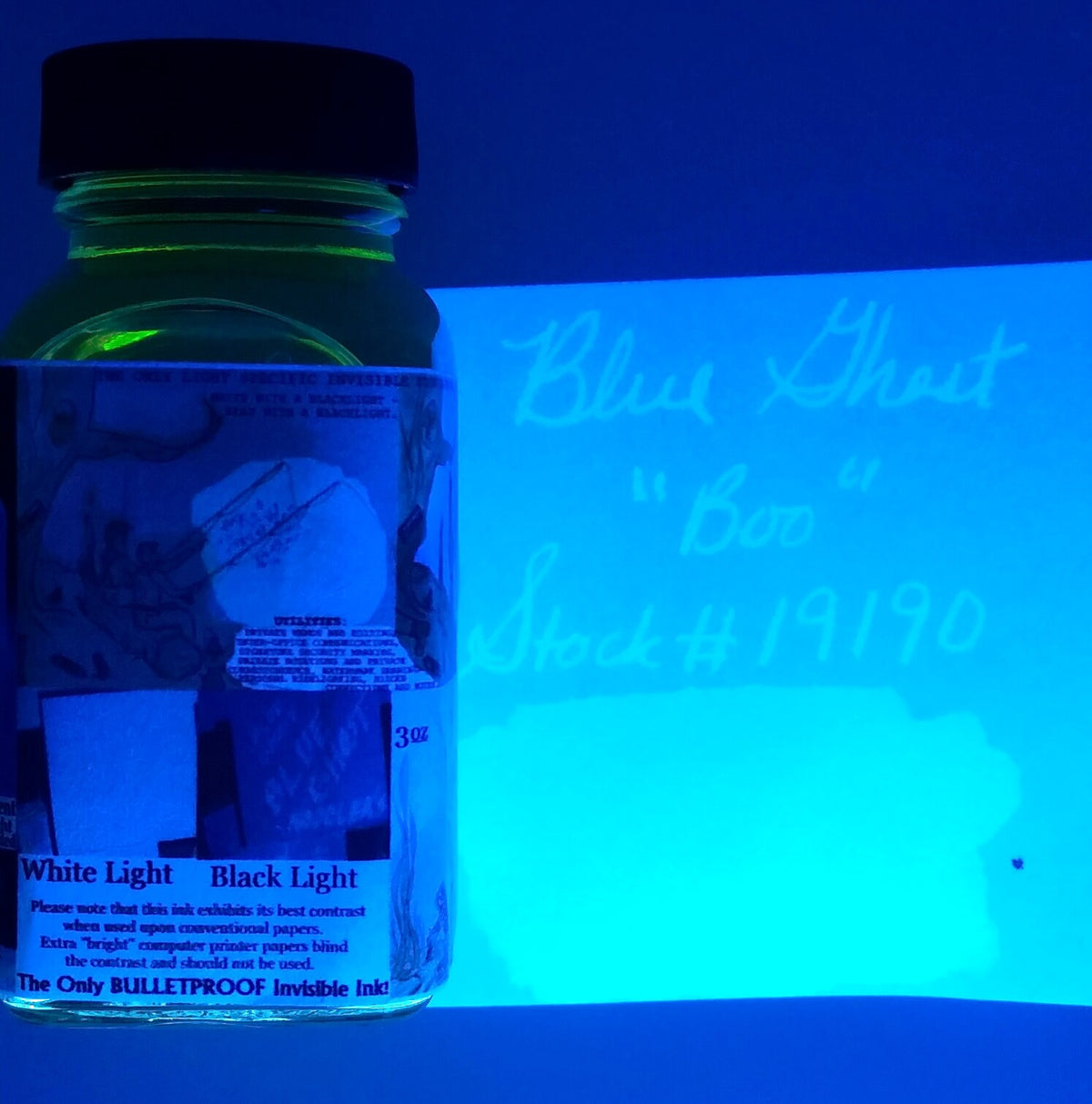 Noodler’s Blue Ghost 3 oz fluorescent fountain pen ink bottle, manufacturer product photo