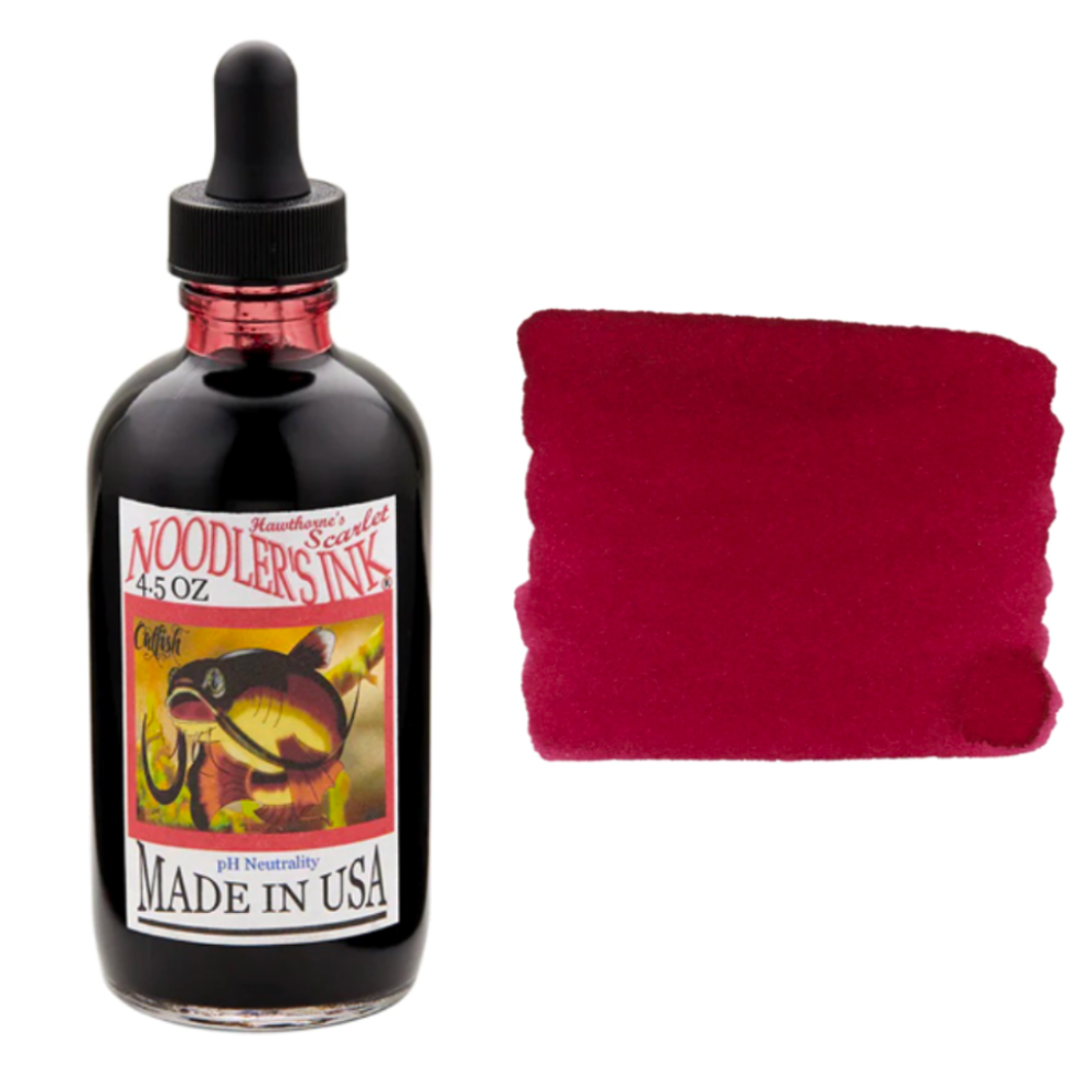 Noodler’s Hawthorne's Scarlet 4.5 oz fountain pen ink bottle with ink swatch