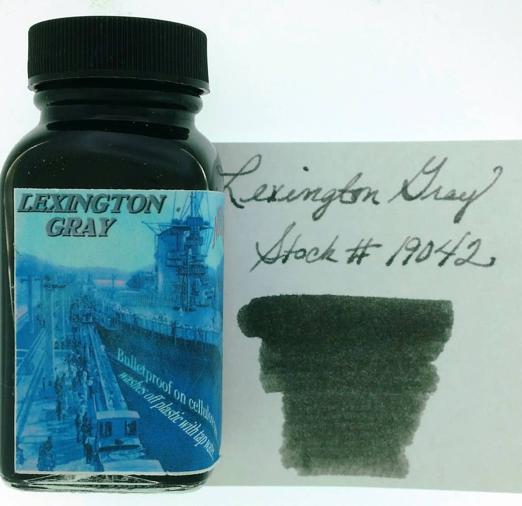 Noodler's Lexington Gray fountain pen ink bottle and writing sample
