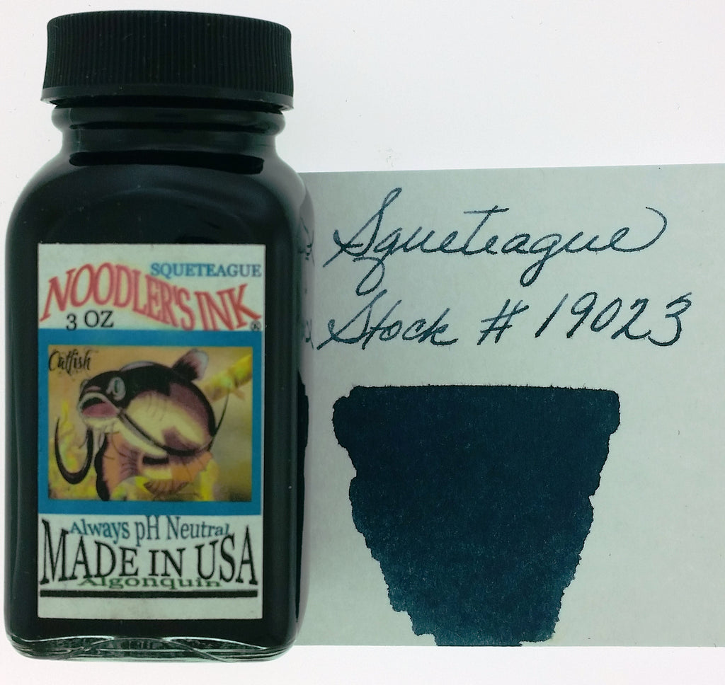 Noodler’s Squeteague 3 oz fountain pen ink bottle with ink swatch