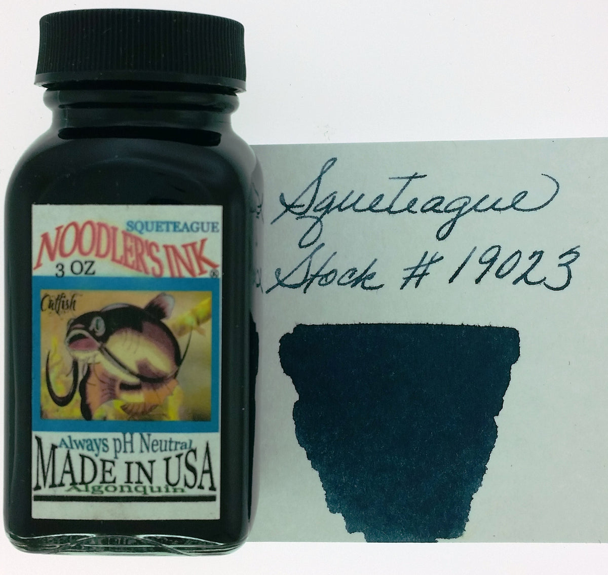 Noodler’s Squeteague 3 oz dark teal fountain pen ink bottle, manufacturer product photo