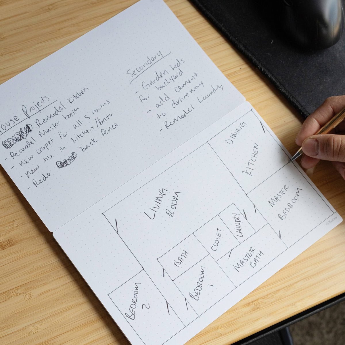 Notsu 8.5 × 11 dot grid desk notepad shown in use