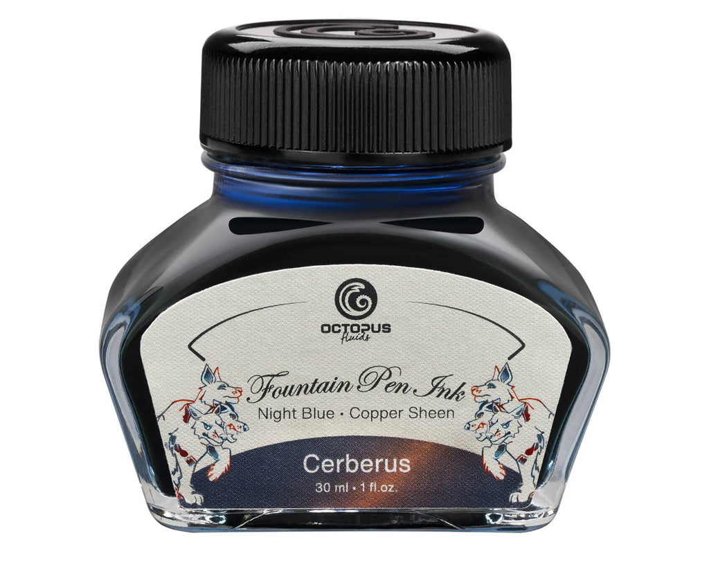 Octopus Fluids Cerberus 30 mL sheen fountain pen ink bottle with its illustrated label and black cap