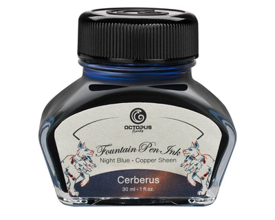 Octopus Fluids Cerberus 30 mL sheen fountain pen ink bottle with its illustrated label and black cap