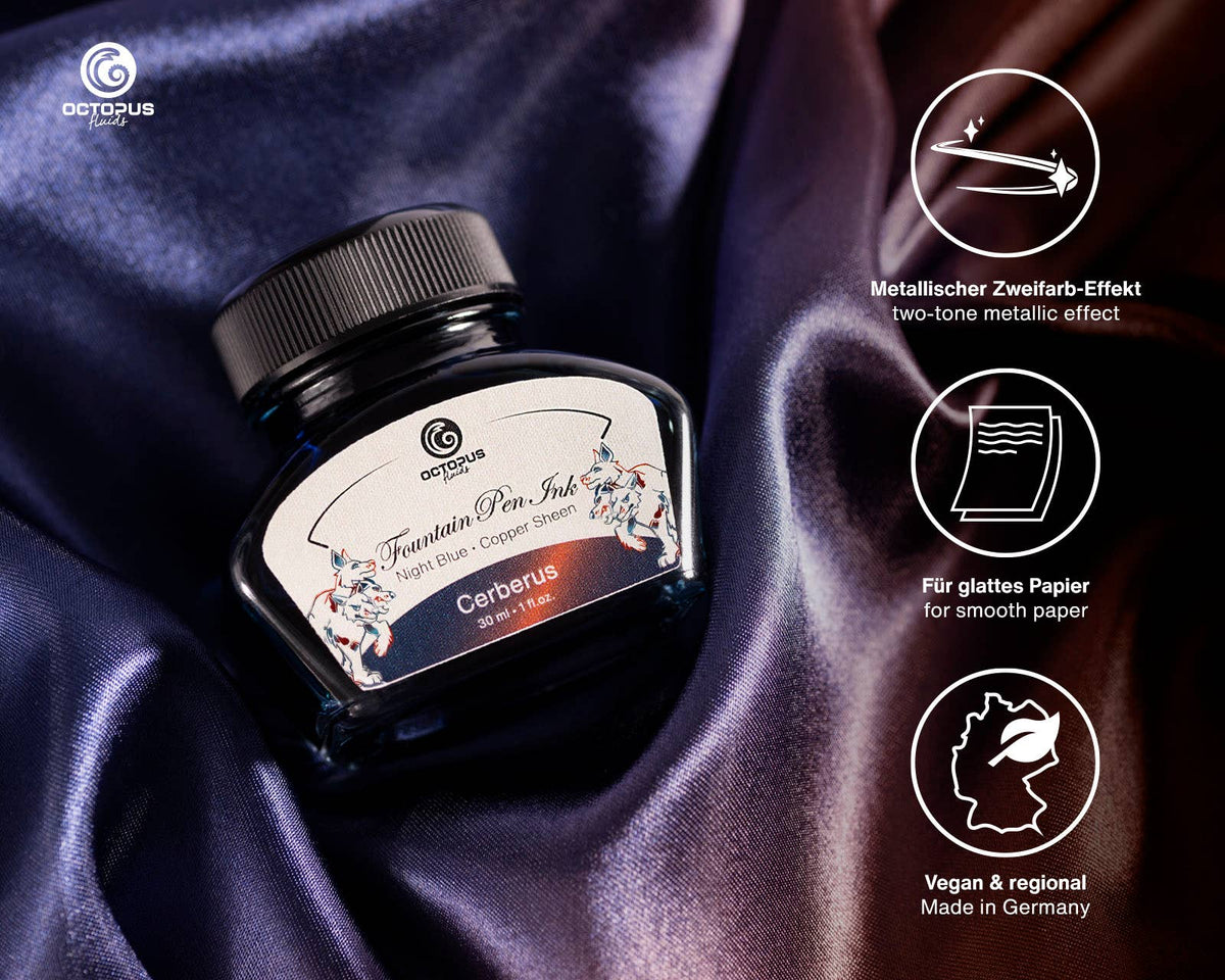Octopus Fluids Cerberus ink bottle displayed on fabric with information about its sheen effect