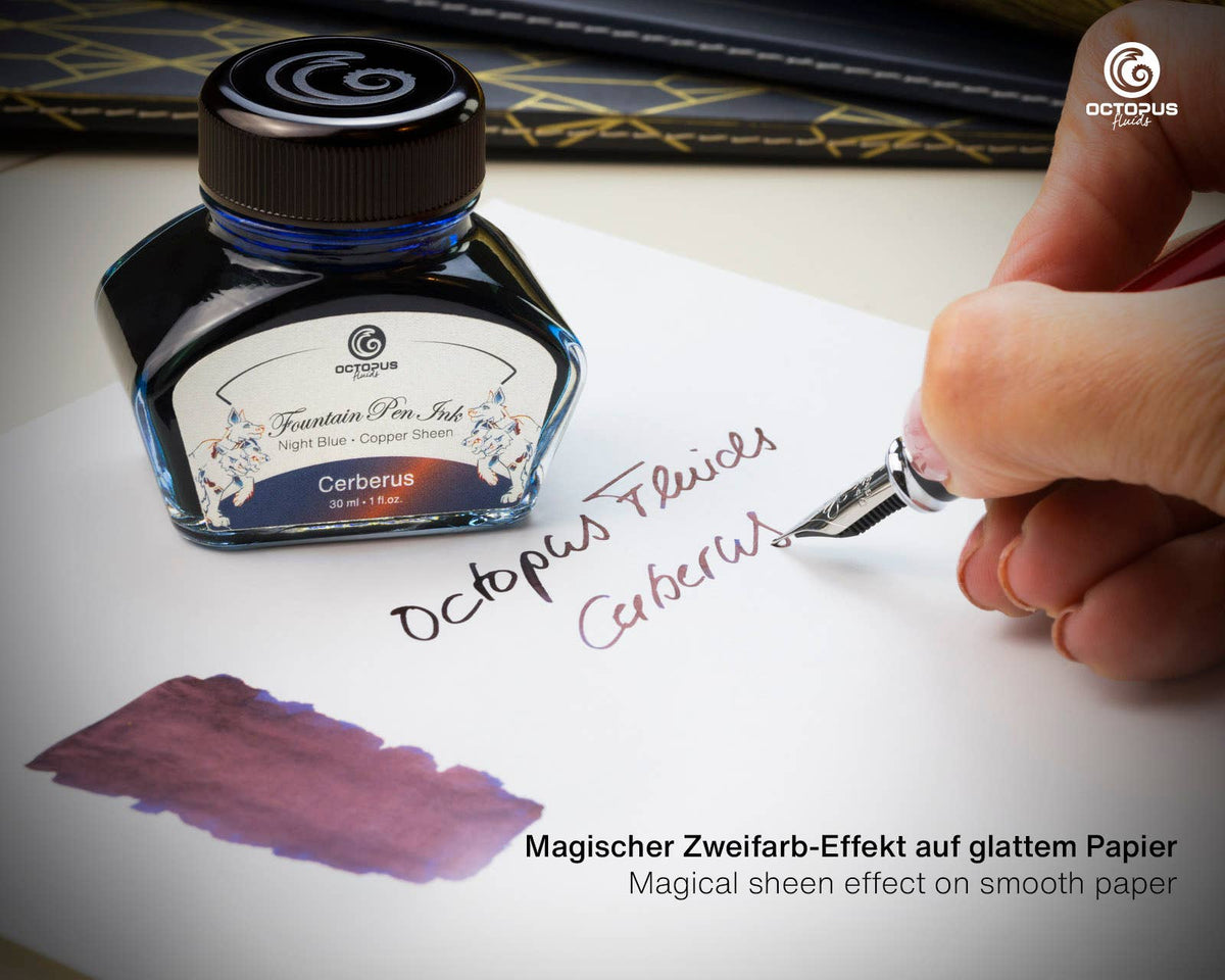 Octopus Fluids Cerberus ink bottle beside a fountain pen writing example and ink swatch